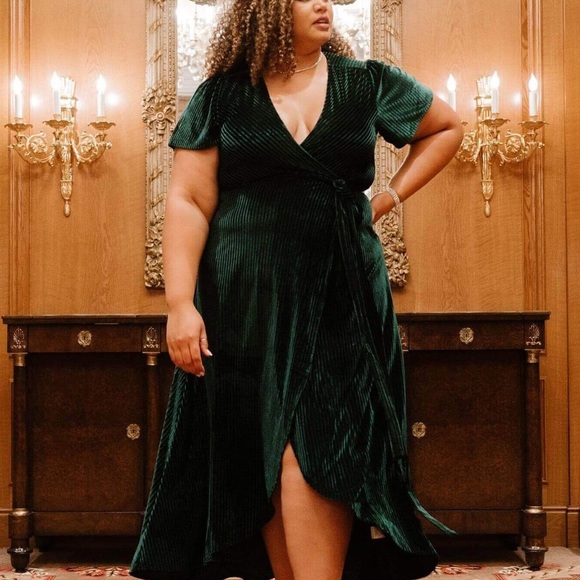 (Green/emerald) Andy Ribbed Velvet Wrap Dress - Picture 9 of 16